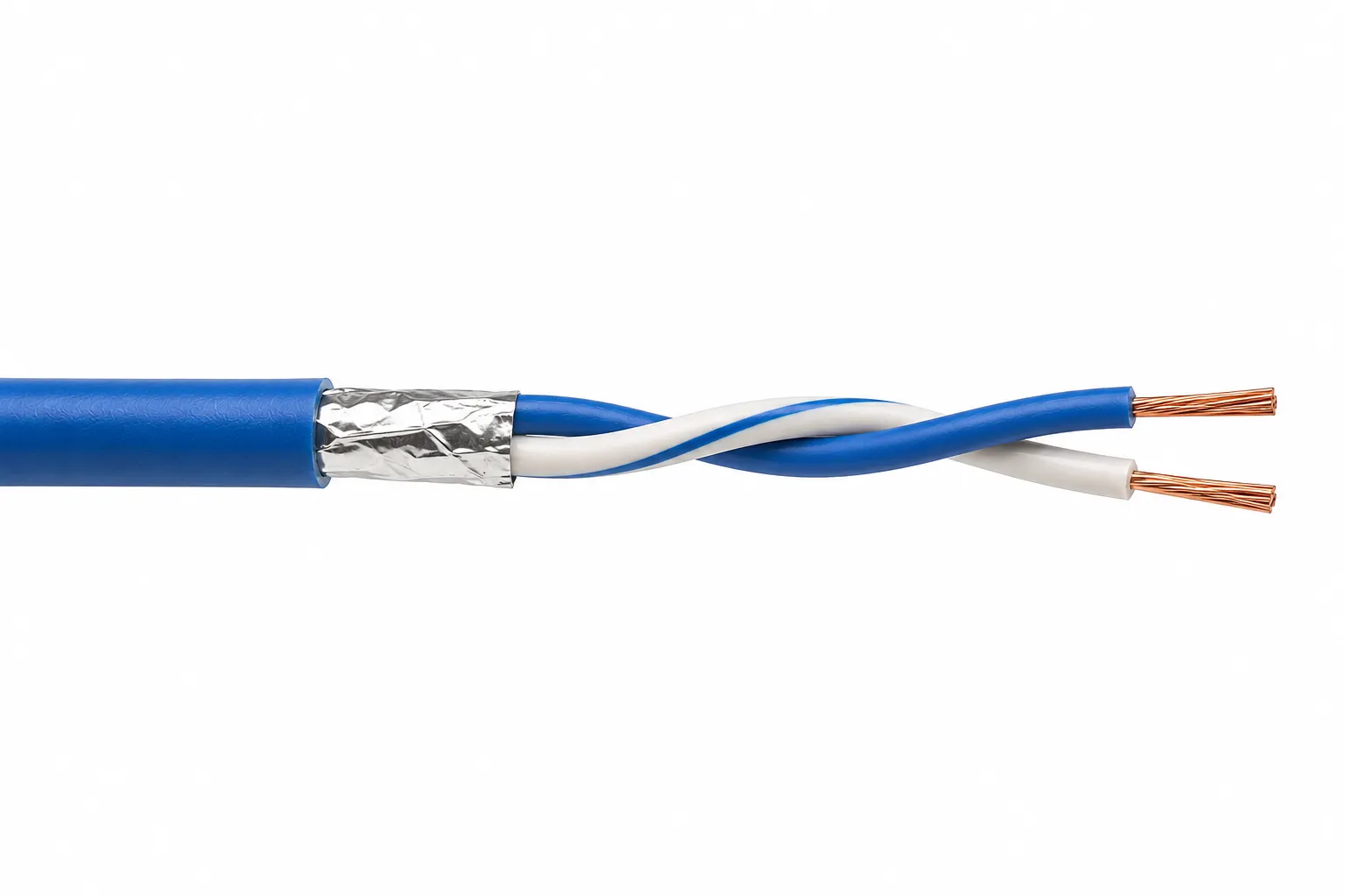A foil-shielded single twisted pair of copper conductors in a blue jacket — Single Pair Ethernet cable